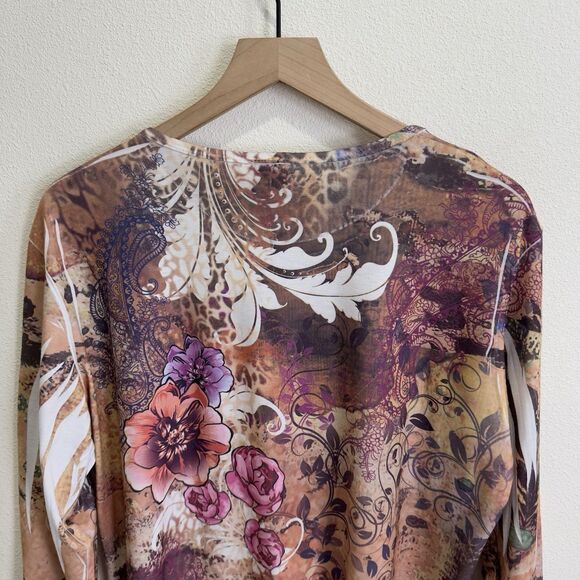 Jess & Jane Top Womens XL Beige Floral Colorful Artsy Boho Asymmetric Comfy USA - Picture 9 of 15